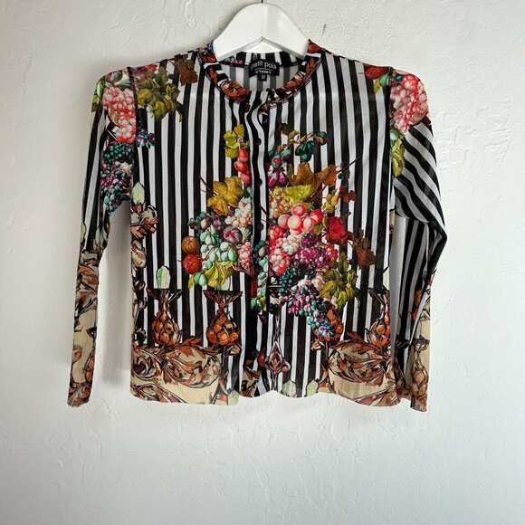 Petit Pois By Viviana G Womens Floral & Stripe Long Sleeve Mesh Top Medium Multi - Picture 1 of 8